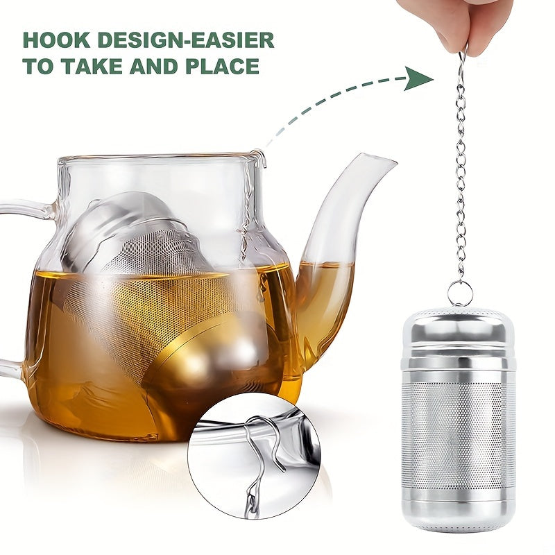 One piece of a large tea infuser made of 304 stainless steel with a mesh tea ball design. This food-grade tea strainer includes an interval diffuser and an extended chain hook for loose leaf tea and coffee. Perfect for coffee accessories.