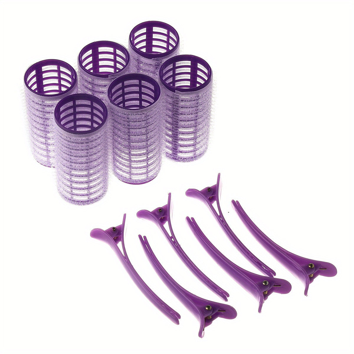 Set of 12 self-grip hair rollers, 6 heatless curlers with clips for women's hair styling.