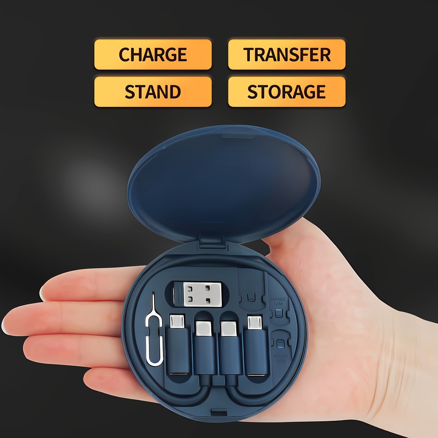 USB charging kit with multiple adapters for USB A, Type C, and Micro, data transfer capabilities, card storage, tray eject pin, and phone holder.