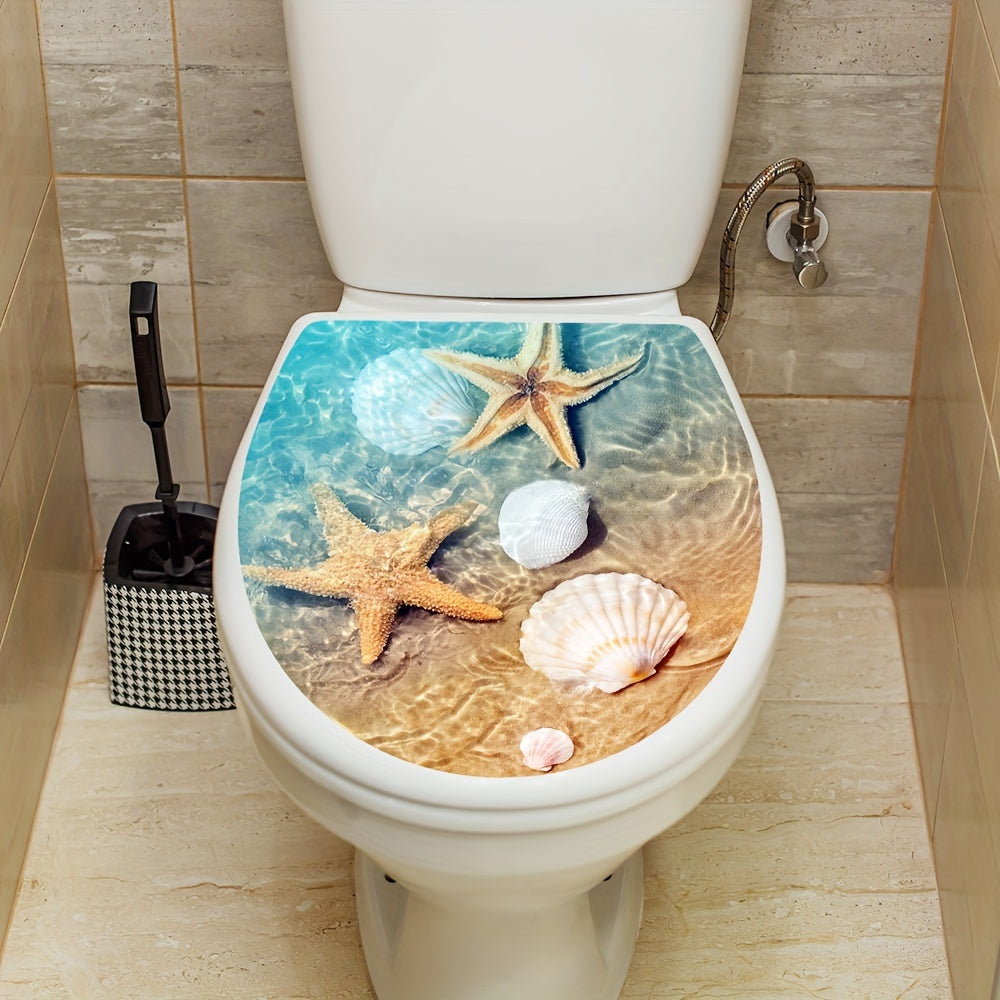 Ocean Beach Seashell Toilet Lid Cover Sticker, 39.88x34.8cm, for Sea Life Bathroom Decor, Self-Adhesive Waterproof Decal