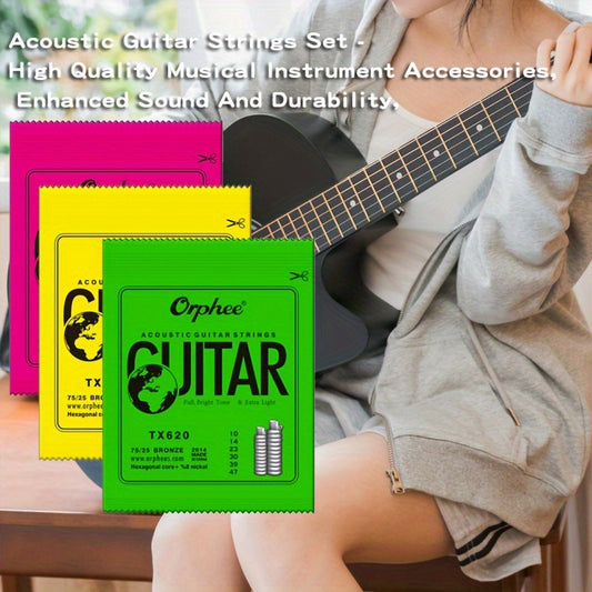 Five sets of high-quality acoustic guitar strings with six strings each, ranging in thickness from 0.25 to 1.34mm for enhanced sound and durability, producing a rich and full tone.