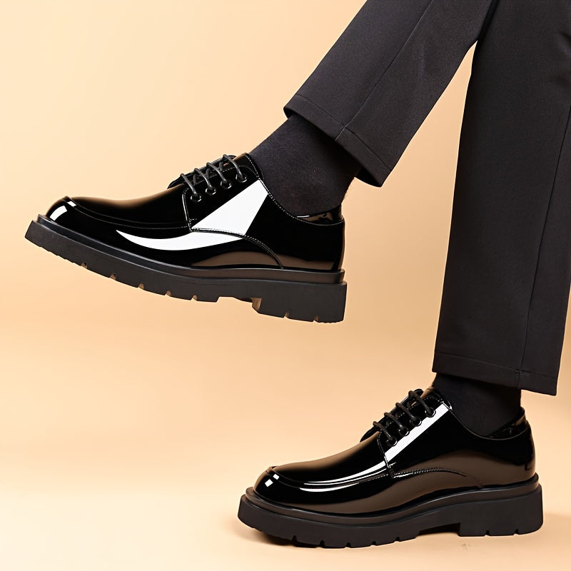 Sleek black dress shoes for men with non-slip rubber sole, breathable comfort, perfect for business and casual wear. Lace-up style.