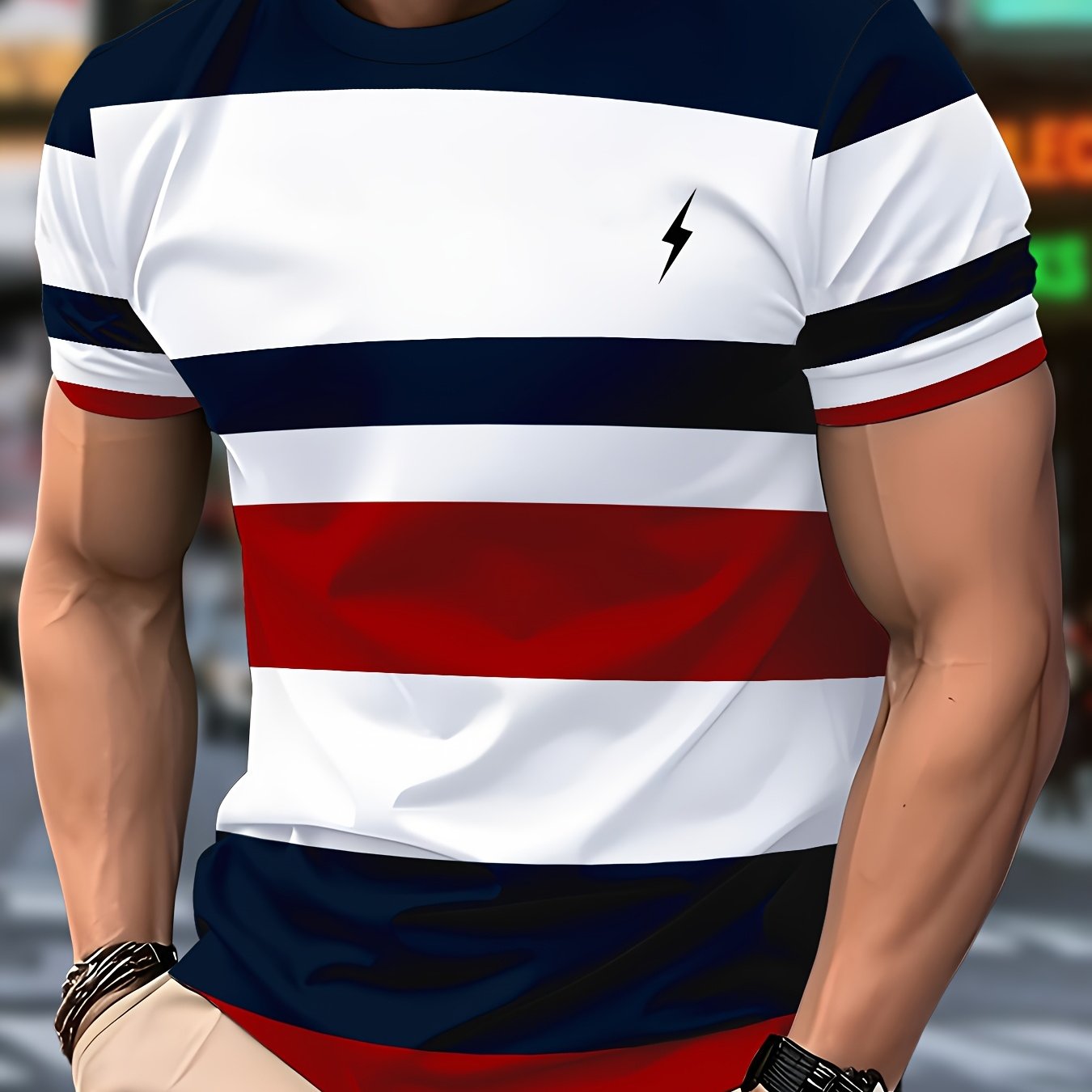 One men's casual crew neck t-shirt with 3D novelty striped design, made of 100% polyester knit fabric with slight stretch, in a regular fit with short sleeves.