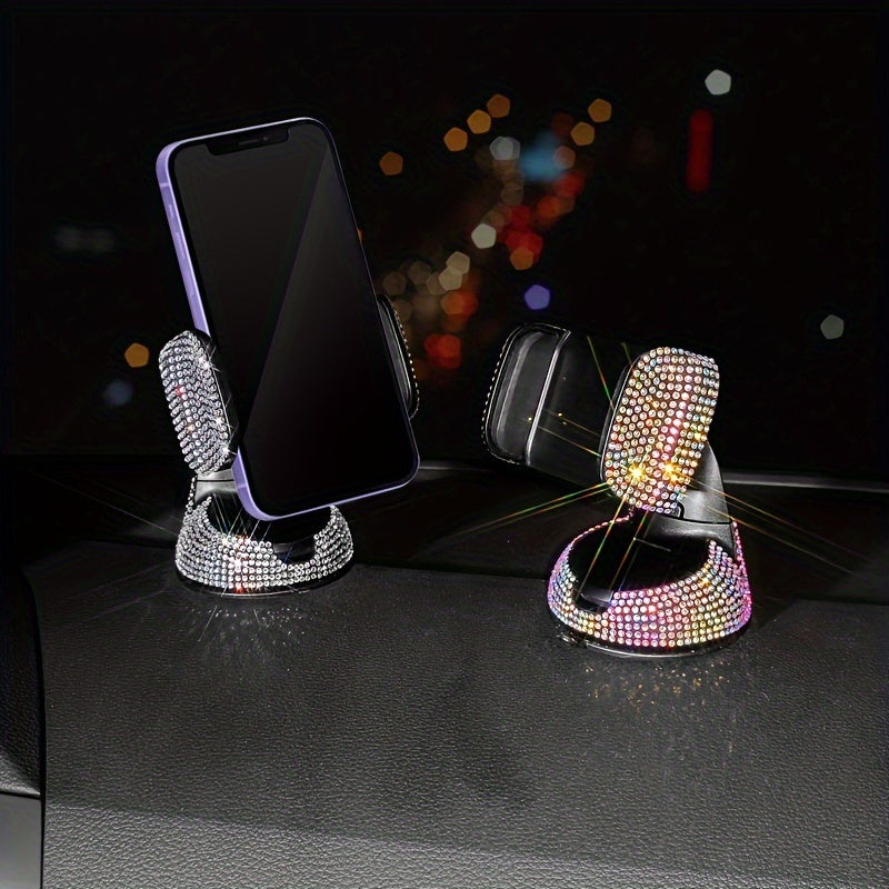 Luxury Rhinestone-Encrusted Car Phone Holder with Sparkling Crystals, Multi-Functional, Rotating Suction Cup Mount for Dashboard & Air Vent in Various Vehicles.