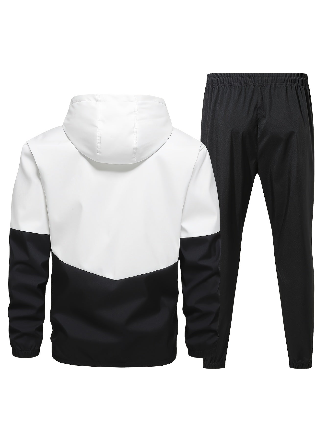 Men's tracksuit set with hooded jacket and long pants made of 100% polyester. Features solid color woven fabric, non-stretch regular fit, suitable for all seasons.