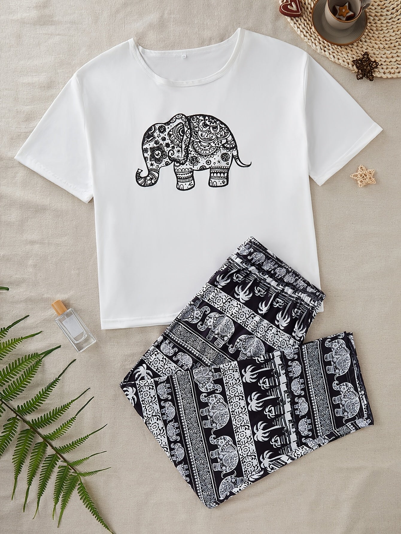 Elephant print top and long pants pajama set