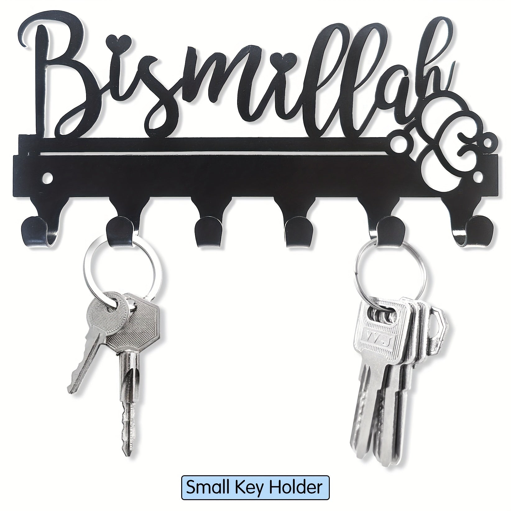 1-pc Bismillah Metal Key Holder: Black decorative wall-mounted key organizer for entryway and kitchen. Wall decor with key hooks, ideal for home and kitchen storage. Wall-mounted version