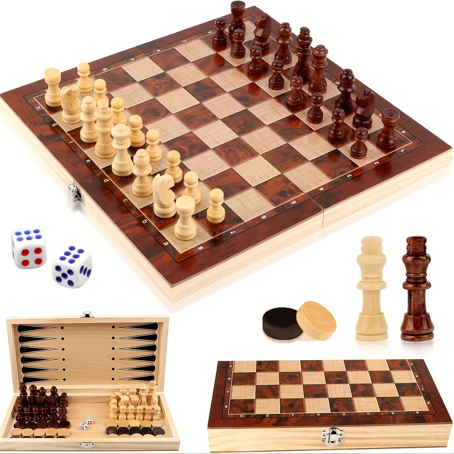 Wooden 3-in-1 strategy game set includes Chess, Checkers, and Backgammon. Suitable for adults and teens 14+. Portable and foldable board with pieces for travel.