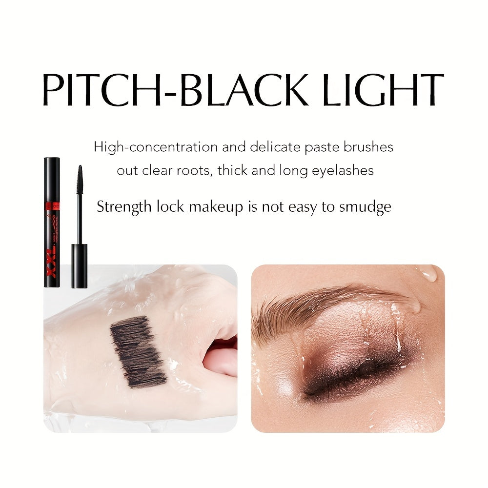 Black mascara with volumizing, lengthening, and curling formula for long-lasting lashes, containing plant squalane.