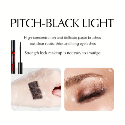 Black mascara with volumizing, lengthening, and curling formula for long-lasting lashes, containing plant squalane.