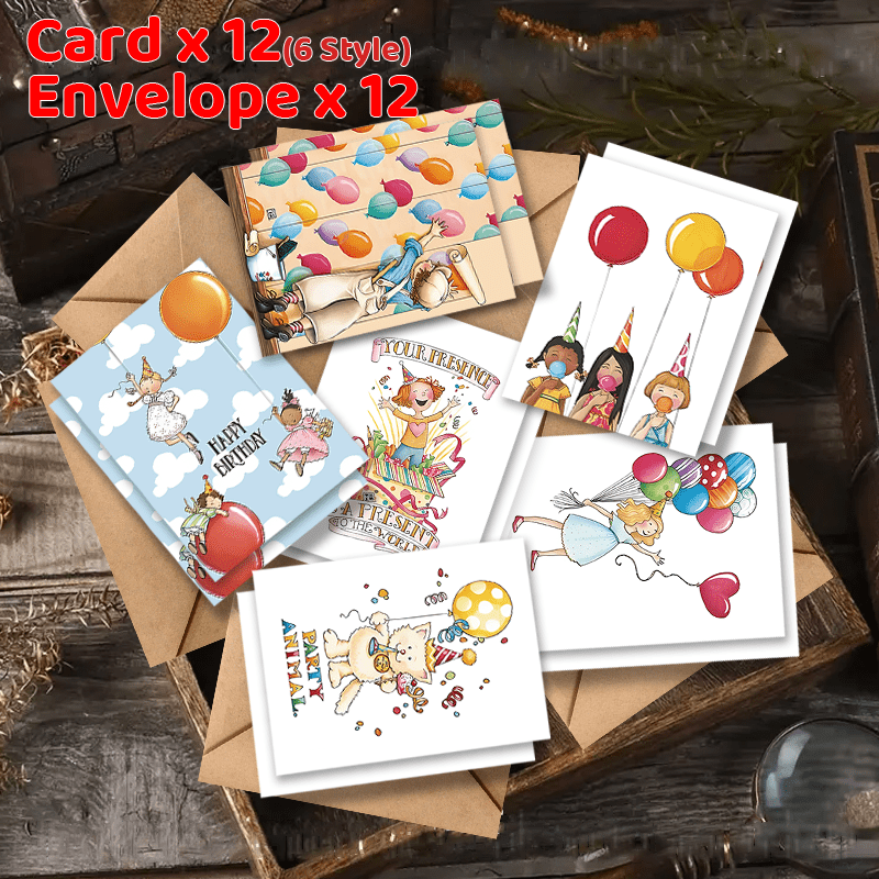 Celebrate with 24 charming Birthday Cards complete with Envelopes - Featuring sweet designs of a Little Girl, Flower Cat, and Balloons - Ideal for expressing gratitude and presenting gifts.