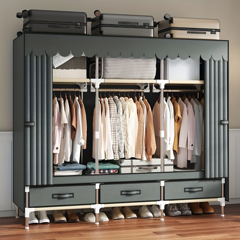 This modern wardrobe features a durable steel frame and sliding curtain for a sleek and space-saving design. Perfect for bedroom or dorm storage, this portable closet is both sturdy and stylish.