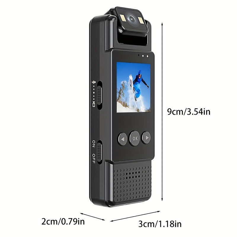 Clip-on body camera with rotating lens, loop recording, and image mirroring, perfect for capturing sports and work content.