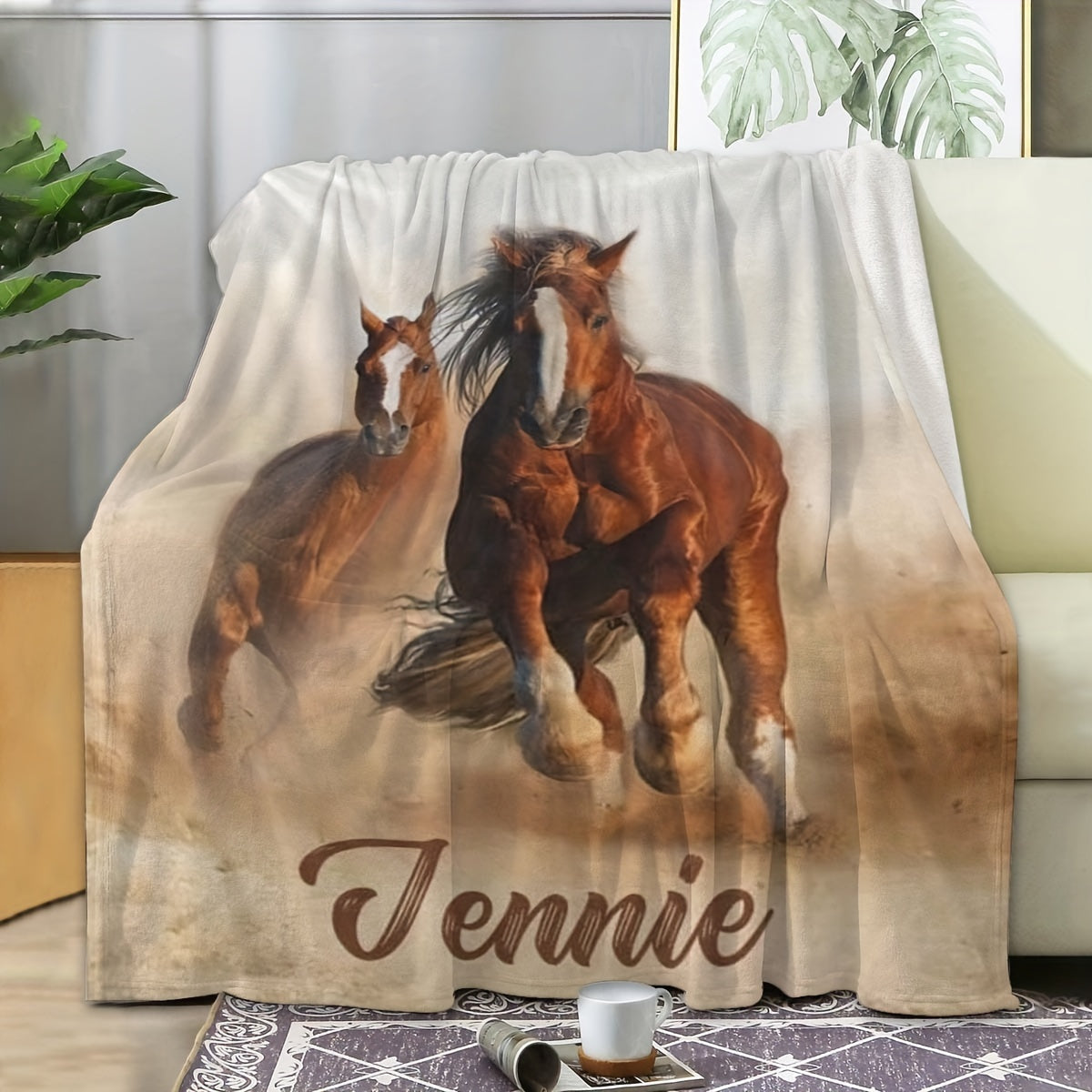 Personalized Horse Design Blanket with Custom Name - Perfect for Sofa, Bed, Travel, and Office - Machine Washable, Hypoallergenic Knit Polyester, Ideal for All Seasons