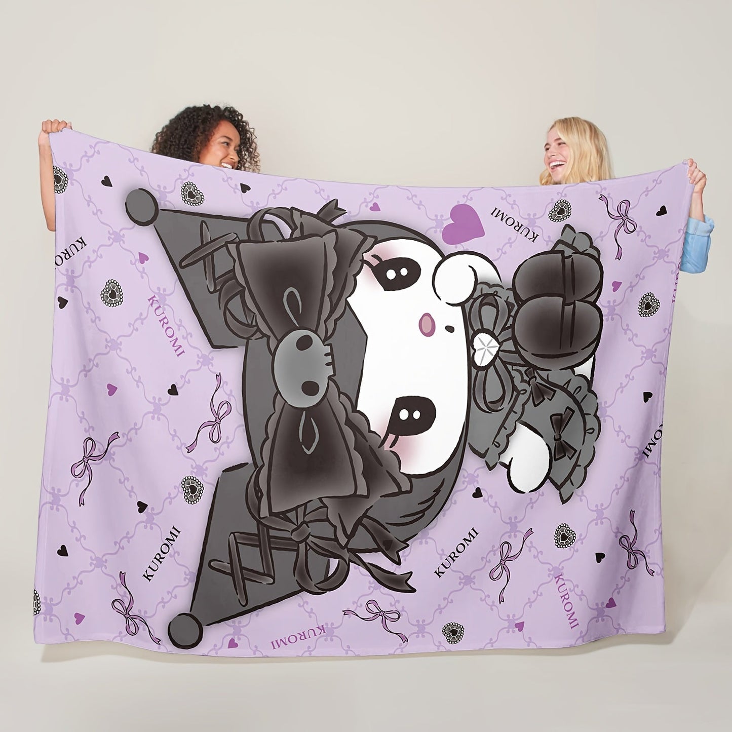 Get cozy with the Sanrio Kuromi Flannel Fleece Blanket featuring a vibrant digital print cartoon pattern. This all-season multipurpose throw is perfect for the living room, bedroom, camping, or travel. Made of 100% polyester, this blanket weighs