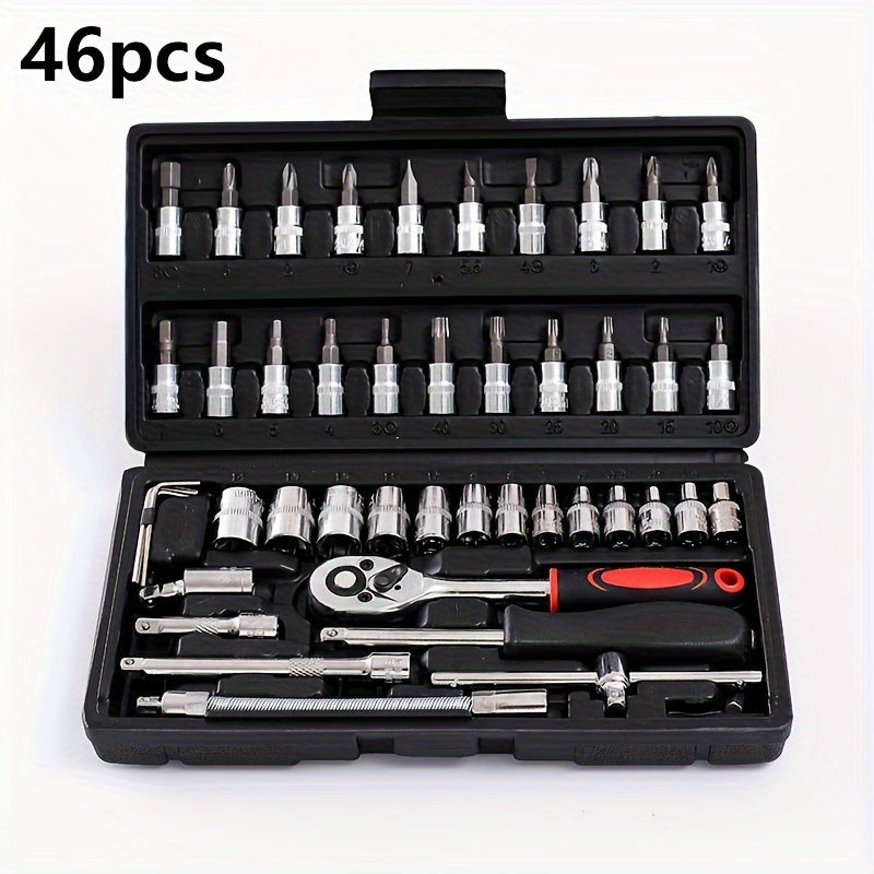 A comprehensive 46-piece professional sleeve set featuring an iron ratchet wrench with a 1/4 inch drive, versatile multi-function screwdriver head sleeve, precise metric measurements, and a convenient extension rod. Ideal for car repair and maintenance