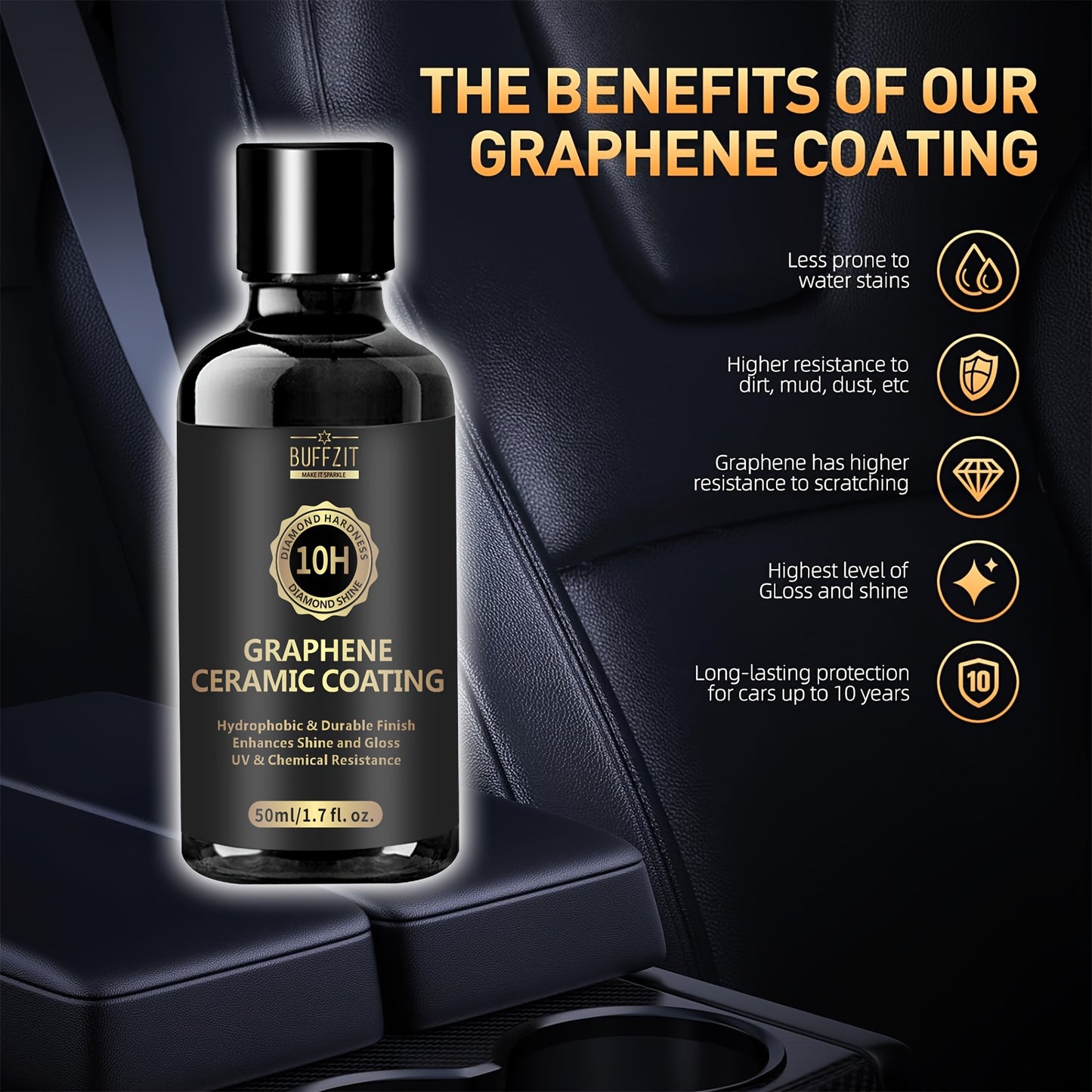 Graphene Ceramic Coating Wax for Cars Detailing Kit - 10H Surface Protection - Hydrophobic - High Shine Gloss - 50ml/1.7oz