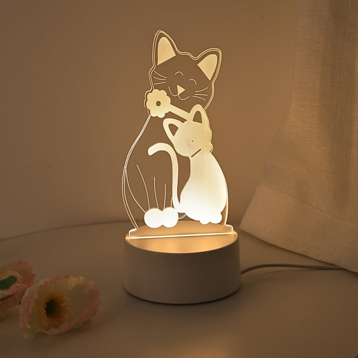 Monochrome 3D cat night light with USB power switch control, perfect for decorating bedroom, family room, and bedside table. Ideal for festivals and birthday gifts.