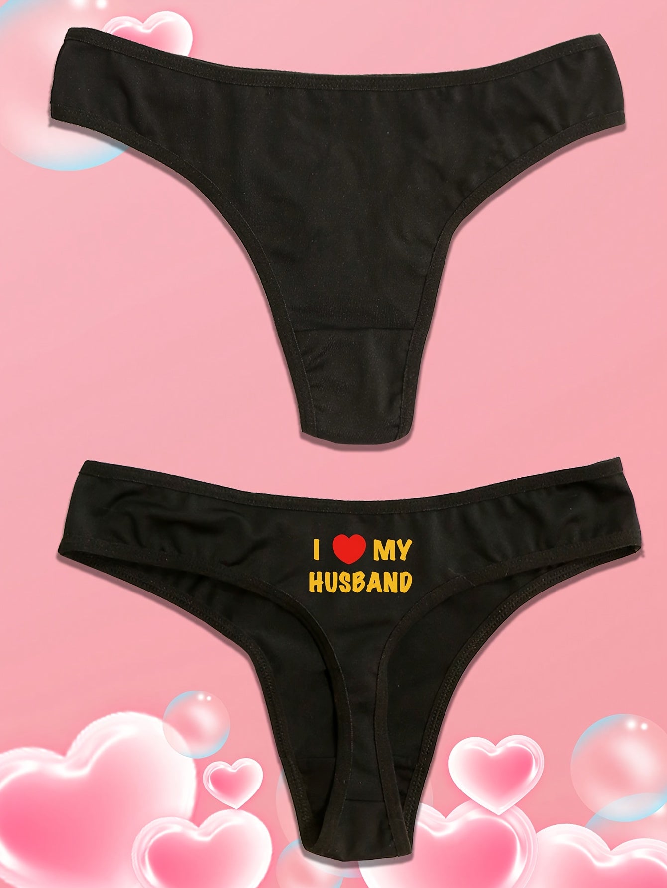 Novelty thong panties with "I Love My Husband" print for Valentine's Day and Father's Day. Sexy low-rise triangle underwear in polyester, casual style. Adult size, knit fabric, 1-pack.