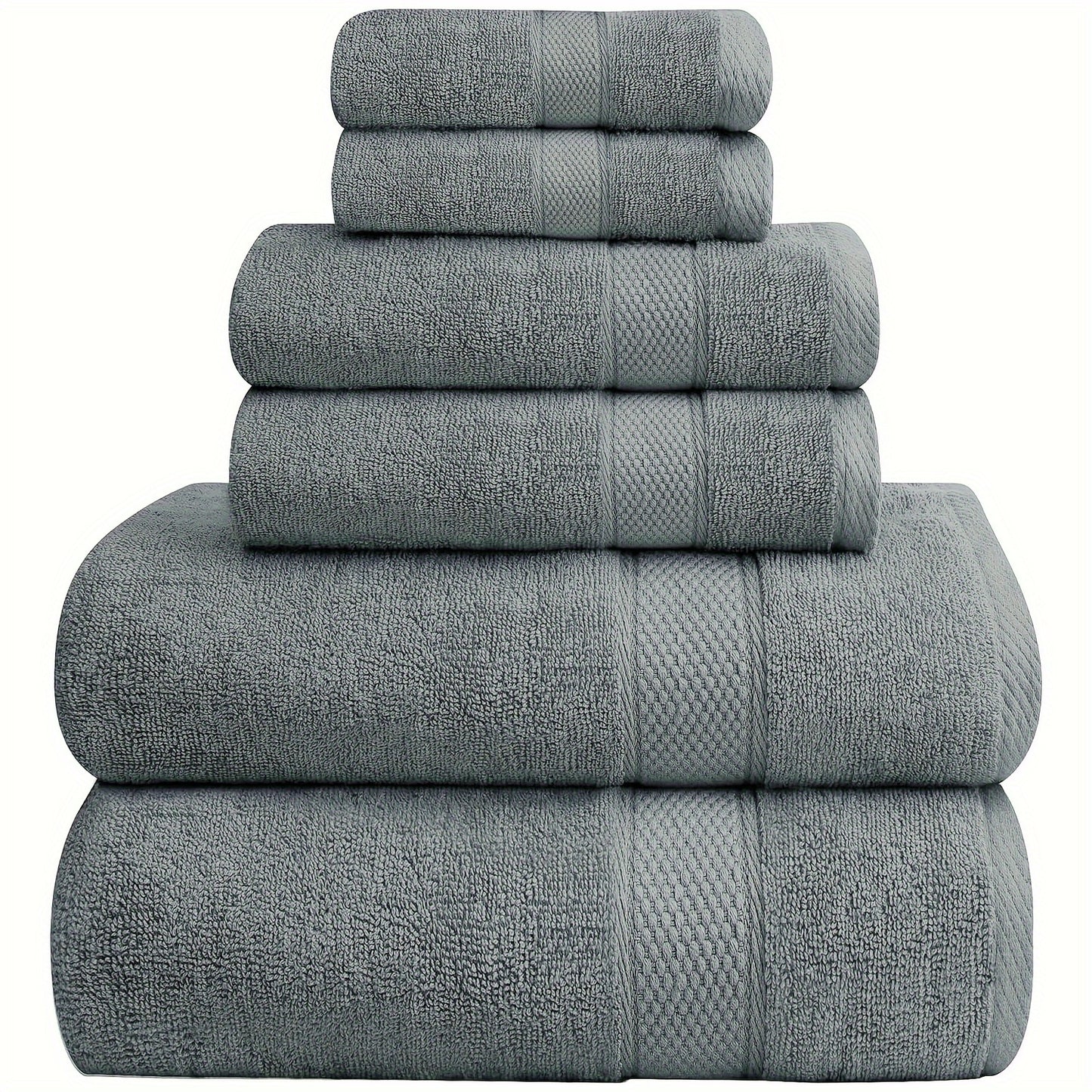 6-piece cotton towel set includes 2 bath towels, 2 hand towels, and 2 washcloths. Quick-drying, soft, and absorbent towels suitable for bathroom, gym, hotel, and spa use.