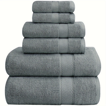 6-piece cotton towel set includes 2 bath towels, 2 hand towels, and 2 washcloths. Quick-drying, soft, and absorbent towels suitable for bathroom, gym, hotel, and spa use.