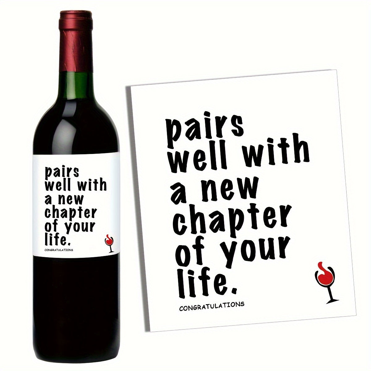 4 Fun Wine Labels for New Beginnings, Good Luck, New Job, New Home, Engagement, Breakup, and Retirement Gifts in Black/White.