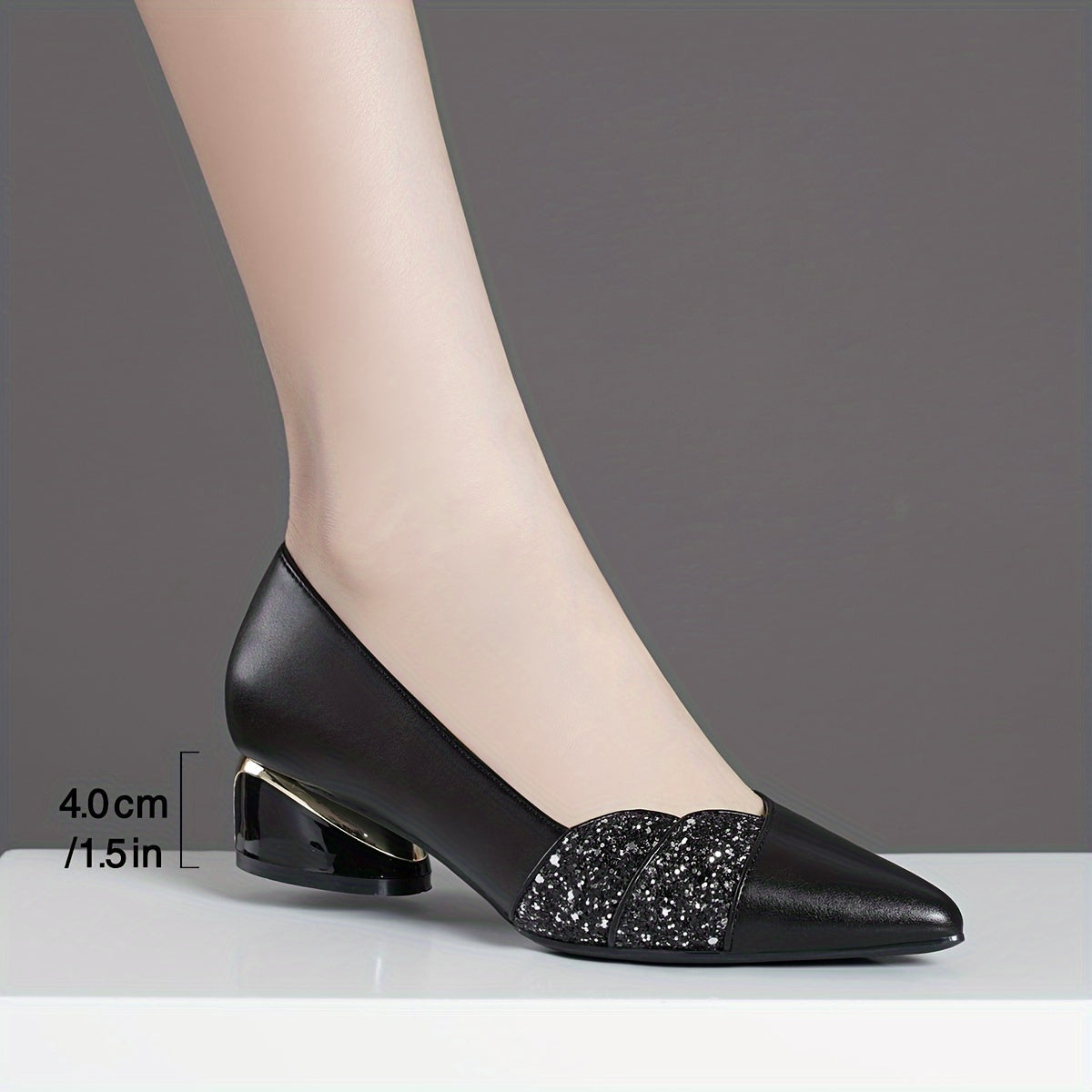 Women's chic pointed-toe pumps with rhinestone detail and comfortable chunky heel, perfect for fall.