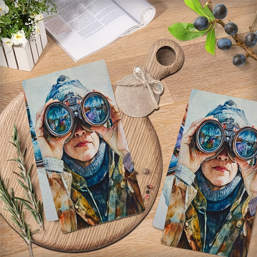 Set of 2 Ultra Soft Kitchen Towels featuring a Binoculars Scene - These Highly Absorbent Dish Hand Towels are Machine Washable and perfect for Coastal Decor. Size: 40.64x60.96 cm Dish Towels.