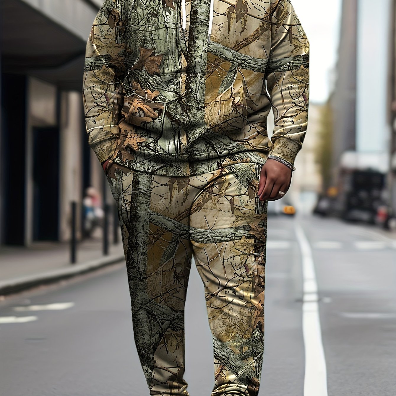 3D Trunk Graphic Hooded Sweatshirt & Sweatpants Set for Plus Size Men, Perfect for Spring, Fall, and Winter