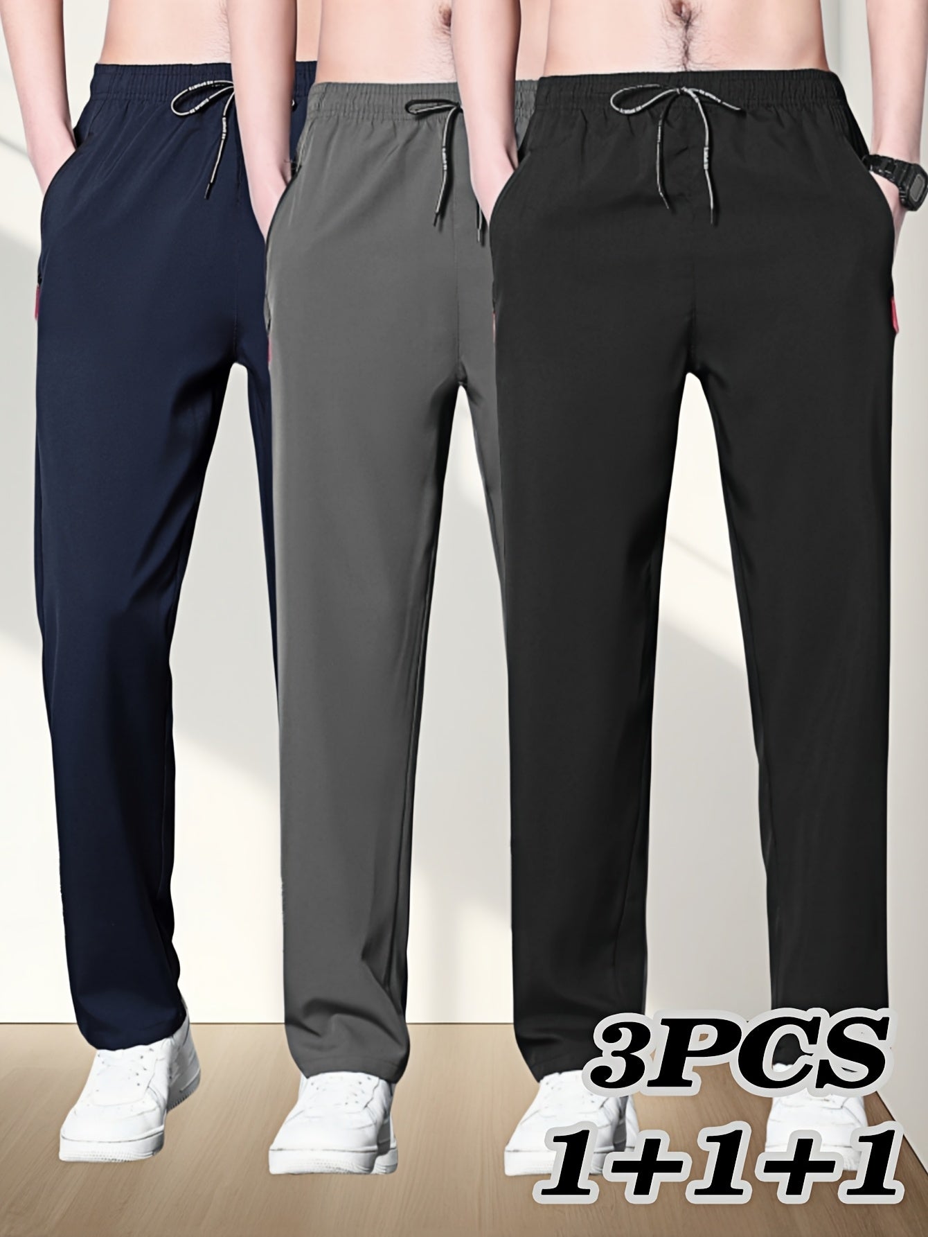 3-Pack men's plus size casual pants made of 100% polyester, featuring zipper detail, regular fit, slight stretch, and solid color for spring/summer.