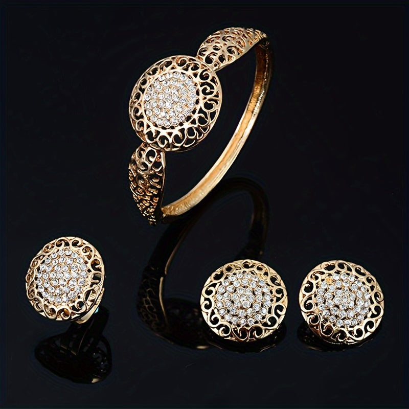 Golden Bangle, Necklace, Earrings, & Ring Set with Rhinestones inspired by Middle Eastern Bridal Jewelry, Perfect for Wedding & Mother's Day Gifts