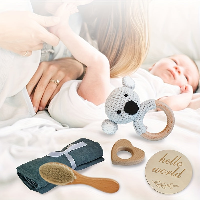 Artisanal Children's Gift Set - Luxuriously Soft Bamboo Towel, Gentle Goat Hair Brush & Adorable Beechwood Koala Rattle with Personalized 'Hello World' Card - Ideal Baby Shower Keepsake