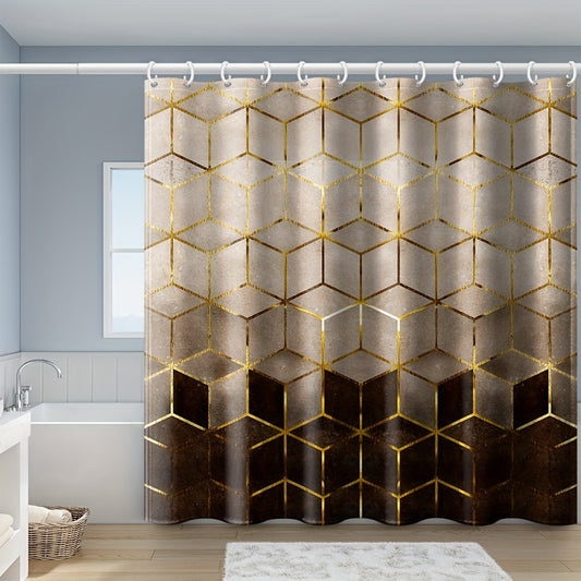 Brown gradient shower curtain with honeycomb plaid print, hooks included. Waterproof fabric for bathroom decor.