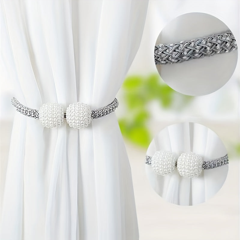 Set of 2 Faux Pearl Magnetic Curtain Straps - Elegant Curtain Buckles for Living Room, Bedroom, Office, and Home Decor