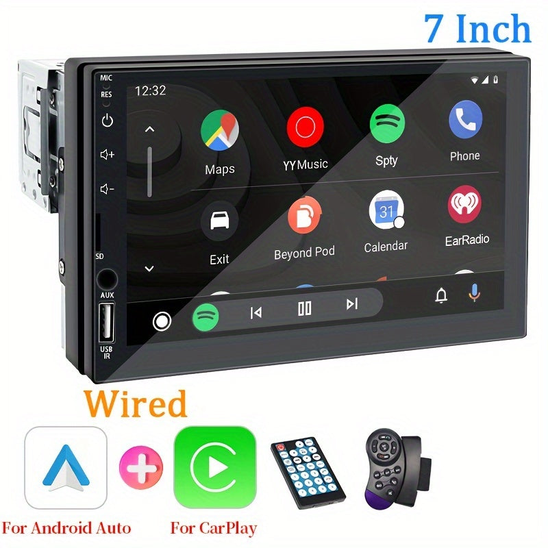 Compact single DIN car multimedia player with 17.78cm HD touch screen, support for wired CarPlay and AndroidAuto, MirrorLink, navigation and music connection. Features touch buttons