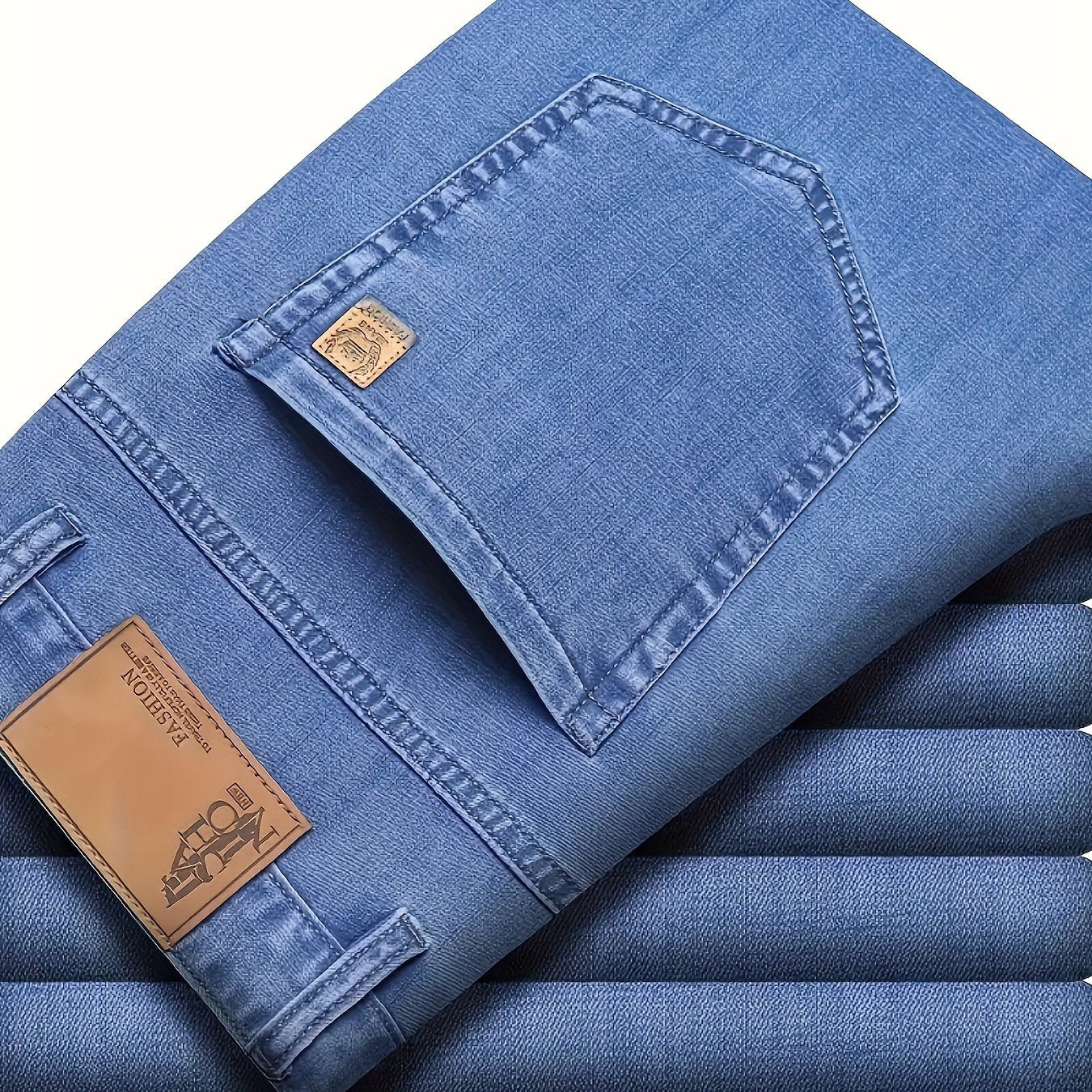 Summer jeans for men, regular fit with breathable lightweight denim and pockets.