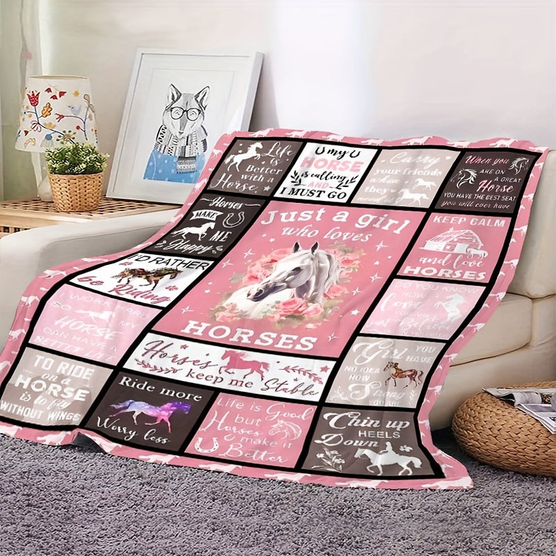 Elegant Horse-Inspired Flannel Throw Blanket in Glam Style - Perfect for Horse Lovers' Birthdays! Made of 100% Polyester, Hypoallergenic, All-Season, Knitted Design with Digital Print. Recommended for Dry Cleaning. Great Equestrian Gift Idea for Girls