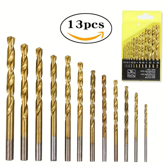 Titanium coated hex shank drill bit set includes 13, 50, or 99 pieces. Made of high-speed steel, suitable for drilling steel, aluminum, and copper. Sizes range from 1/16 inch to 1/2 inch.