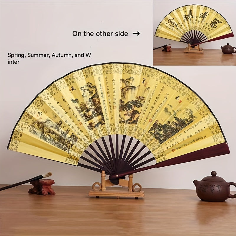 Beautiful 10-inch Bamboo Folding Fan featuring a Dual-Sided Silk Design - Inspired by Traditional Chinese Style, Ideal for Women's Fashion Accessory, Generous Size, Luxurious Silk Material