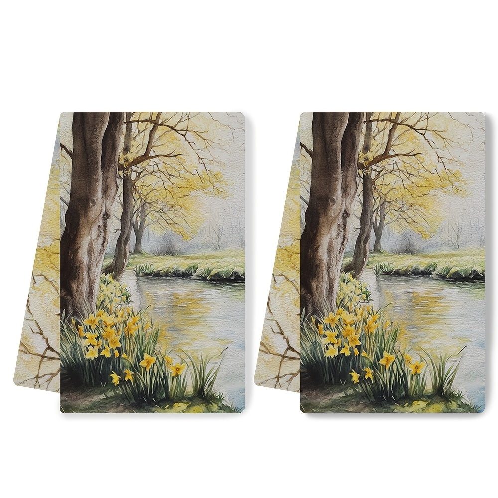 Set of 2 Ultra Soft Kitchen Towels featuring a "Spring Morning" Scenic Design showcasing Yellow Trees & Daffodils. These highly absorbent towels are machine washable, perfect for holiday decor. Measuring 40.64x60.96 cm, these absorbent dish towels are a