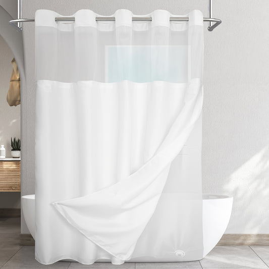 1-piece white shower curtain with snap-in PEVA liner, window, waterproof, 71x74inch.