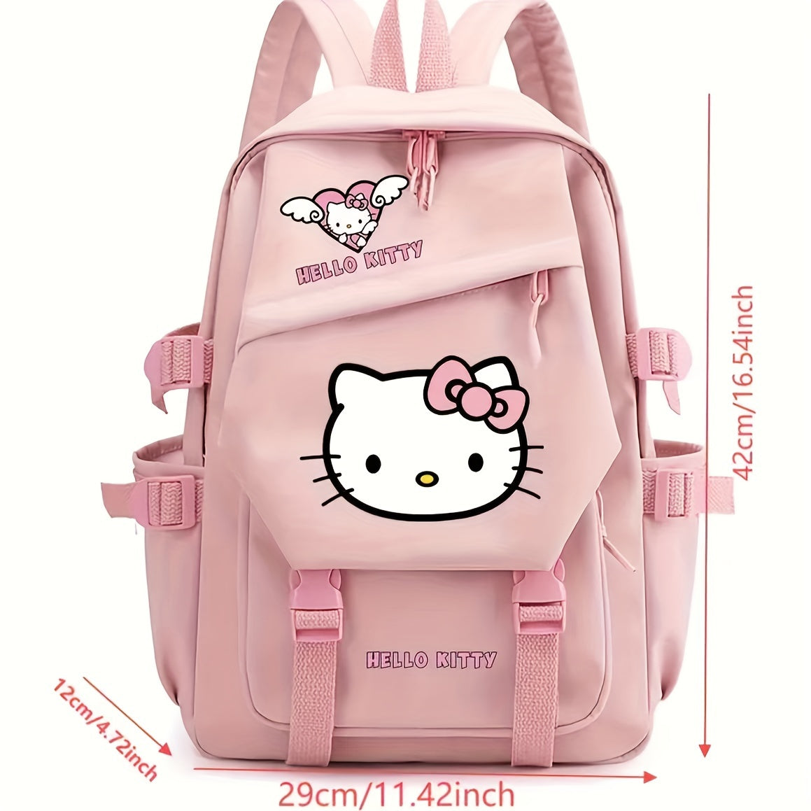 Sturdy Hello Kitty backpack with padded straps, multiple compartments, and reinforced bottom for school or travel.