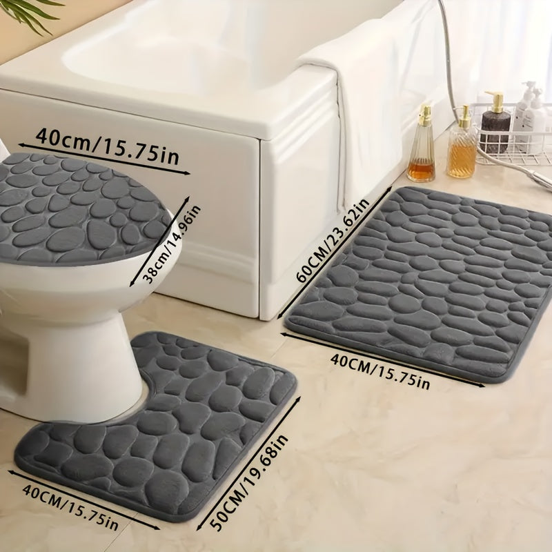 3-piece thick memory foam bath mat set with ultra-absorbent, non-slip coral fleece material. Machine washable and features a geometric pattern for bathroom decor.