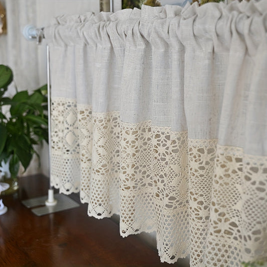 Vintage-inspired Polyester Crochet Short Curtain with Splicing Detail, Rod Pocket Top Drapery for Kitchen and Cafe - Light Filtering and Wrinkle-Resistant Design