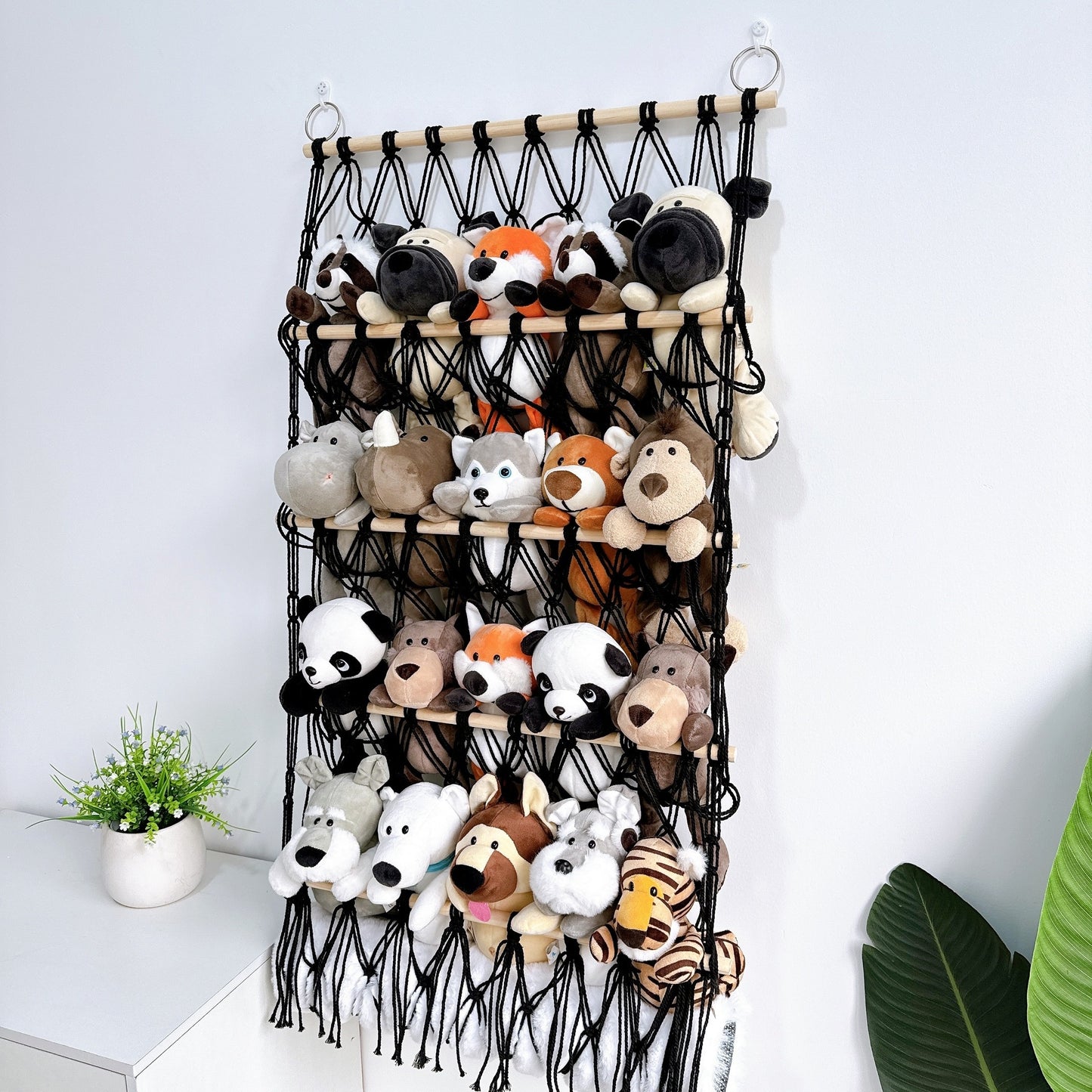 4-Tier Hanging Storage Organizer for Plush Toys & Gifts with Hooks - Ideal for Bedroom & Living Room Wall Decor.