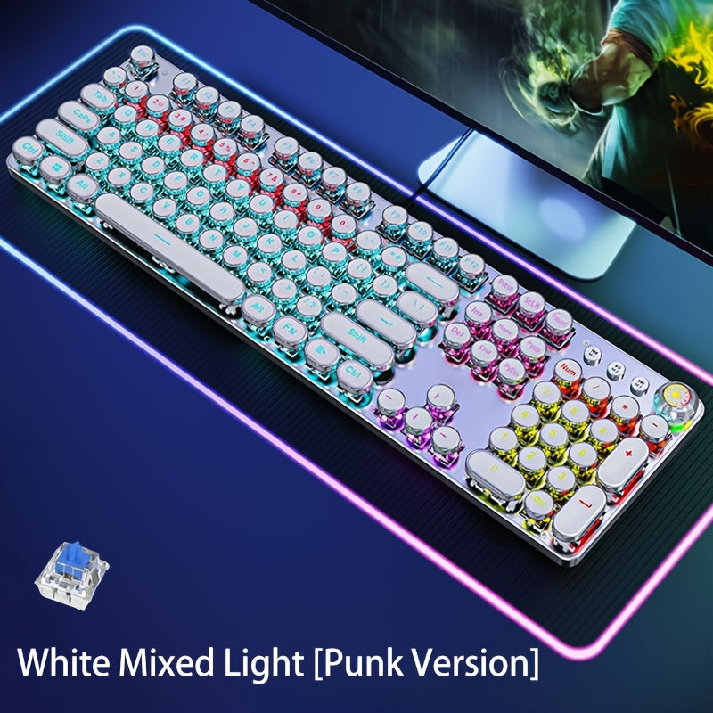 EWEADN Steampunk Mechanical Gaming Keyboard - Full Size with 104 Keys, Metal Panel, LED Backlit, USB Wired, Multimedia Knob, Black Switches, Ideal for Gamers and Office Use.