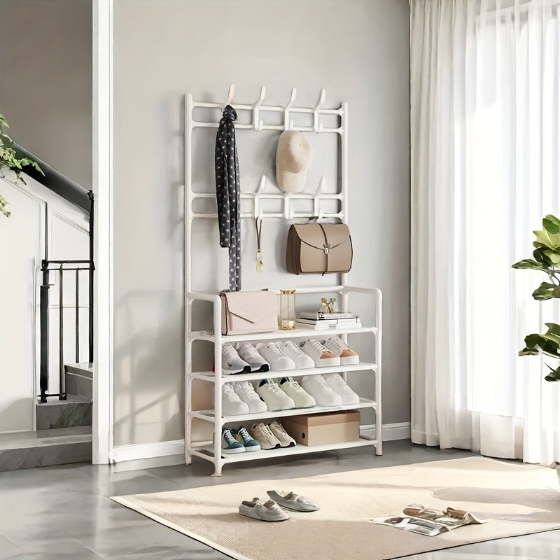 This 5-tier shoe rack is made of durable carbon steel and features 8 hooks, making it perfect for organizing shoes, bags, umbrellas, boots, hats, and more. It is a versatile storage solution that is sturdy and space-saving. Easy to assemble, this shoe