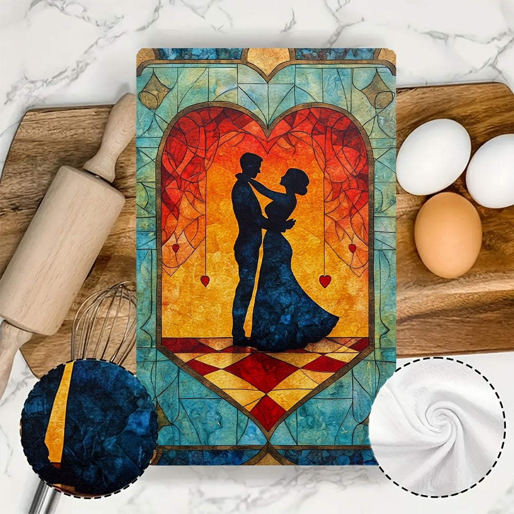 This collection includes two luxuriously soft kitchen towels showcasing an enchanting scene of a couple learning to dance in a class. The intricate artwork captures the pair mastering new steps under the guidance of their instructor, all set on a dance