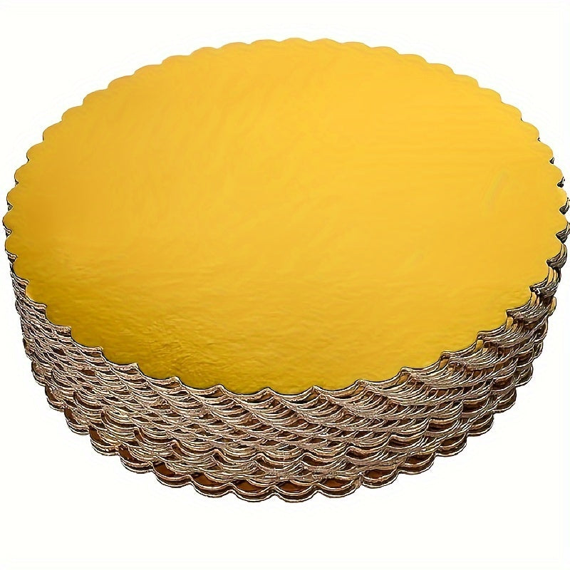 Get a pack of 10 HDhuiun Round Cake Boards, available in 20.32/25.4/30.48 cm sizes. These Golden Disposable Cardboard Bases are perfect for serving desserts, pastries, pizza, and more. They are oil and moisture-proof, making them ideal for meal prep