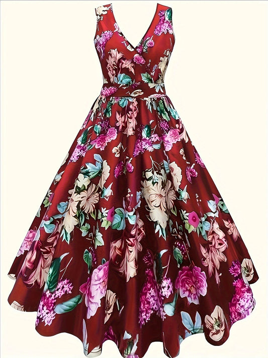 Floral print V neck tank dress for spring & summer, elegant sleeveless A-line dress for women